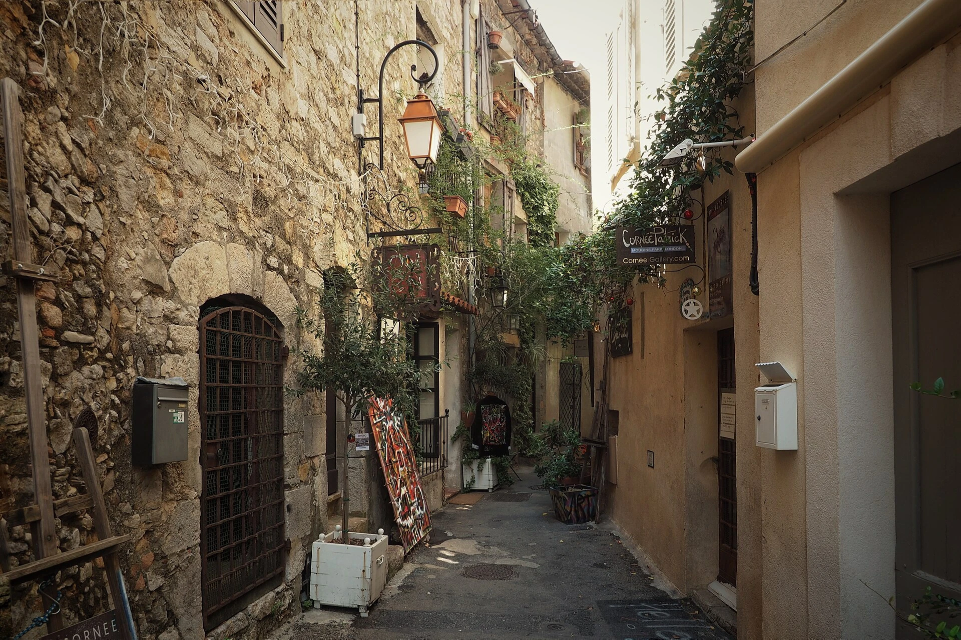 Ruelle pavée du vieux Mougins bordée de galeries d'art et de plantes grimpantes